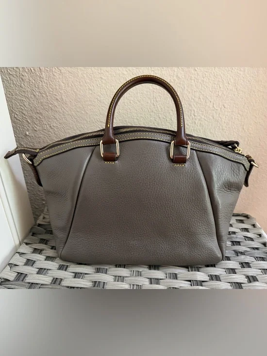 Dooney & Bourke Gray Pebbled Leather Satchel with Brown Trim - Picture 14 of 16